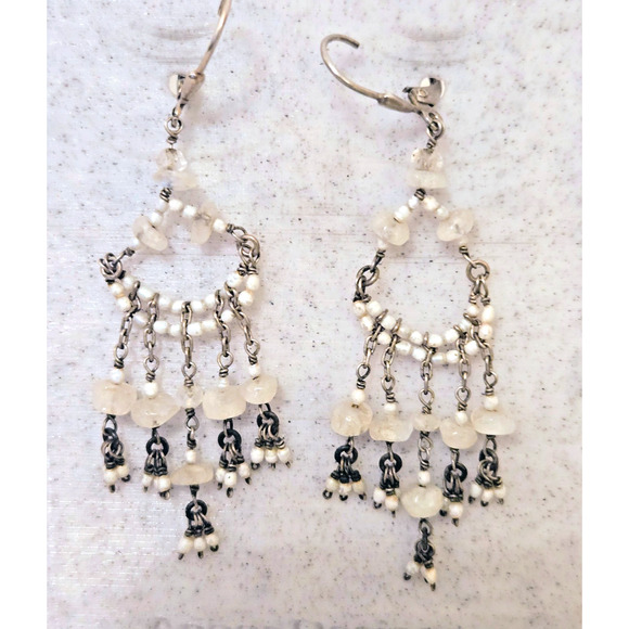 Handmade Long Dangle Chandelier Earrings Moonstone with sterling silver earwires - Picture 5 of 7